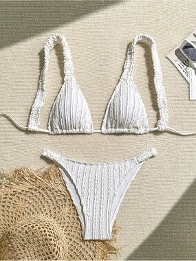 Women’s White Ribbed Triangle Bikini Set - Unbranded